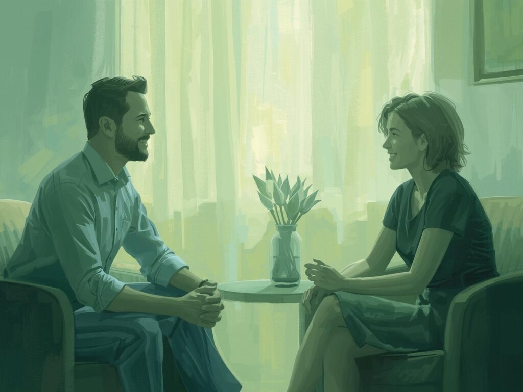 buatkan gambar dengan nuansa hijau, pelaksanaan konseling. konselornya laki laki