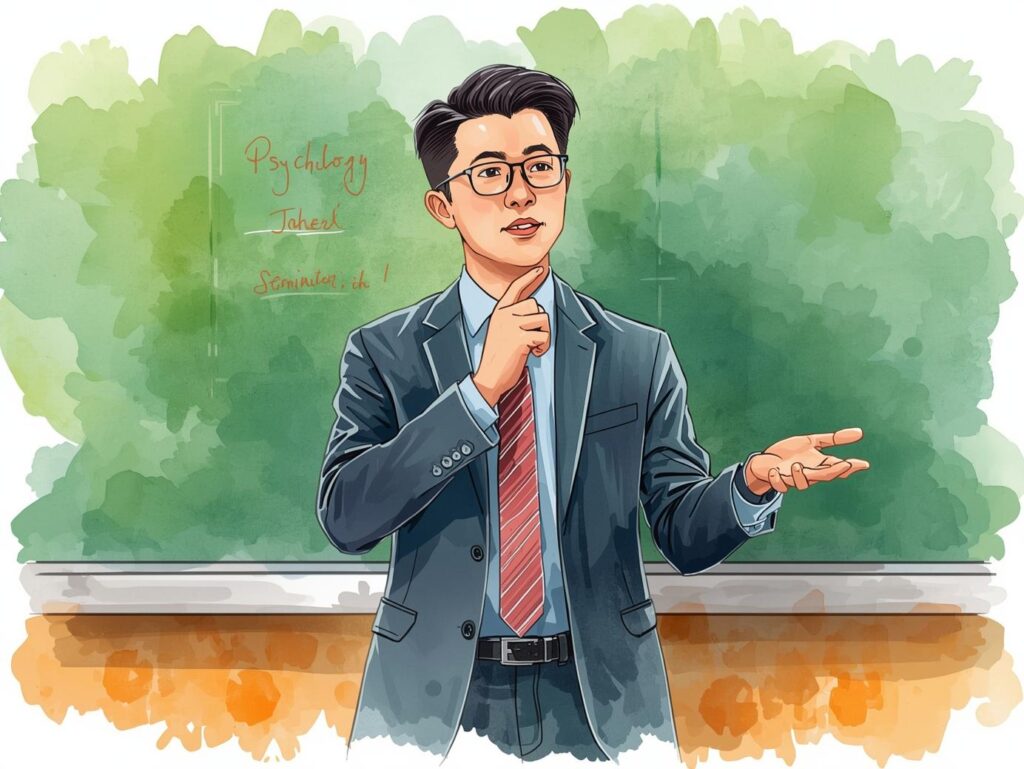 buatkan gambar dengan tema hijau laki laki asia muda tampan sedang memberikan seminar psikologi, water color