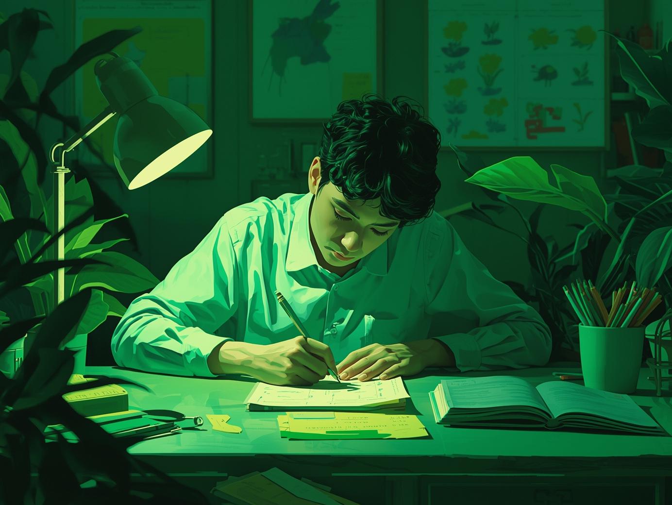 buatkan gambar dengan tema hijau mengerjakan test di meja belajar